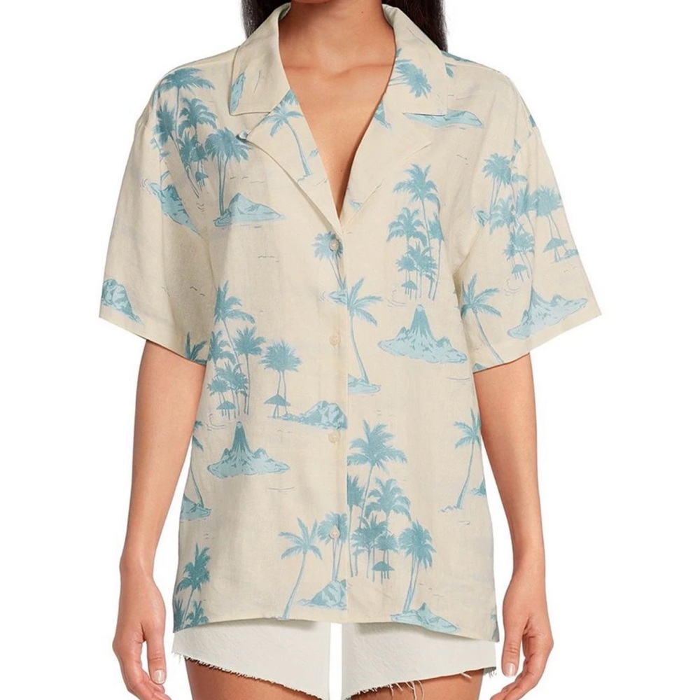 Palm tree print woman button front short 55% linen Blend Blouse